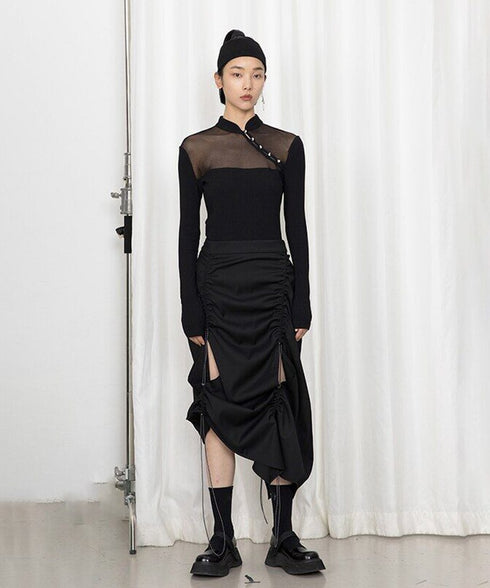 Drawstring Ruched Slit Skirt